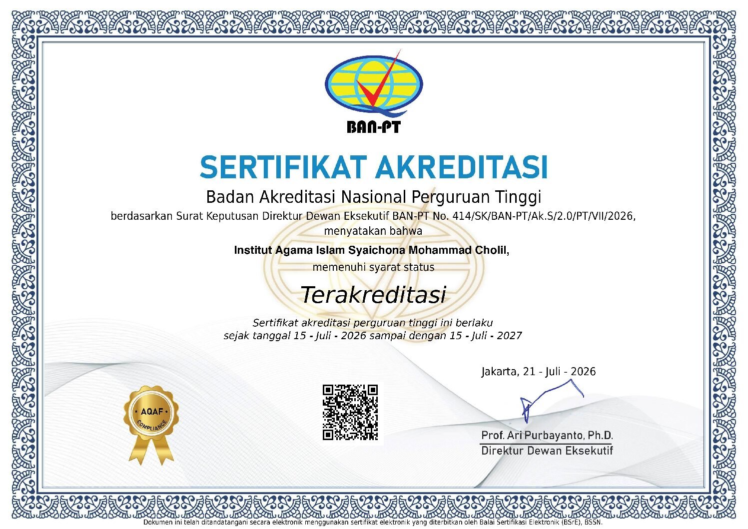 Sertifikat Akreditasi 15 Juli 2026 - 15 Juli 2027